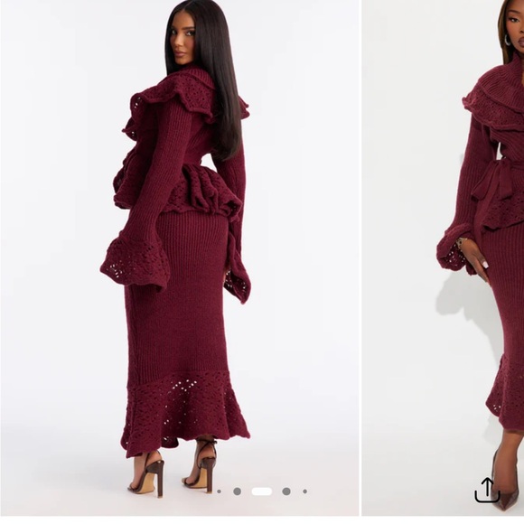 Martie Ruffle Sweater Maxi Skirt Set - Burgundy - Picture 3 of 4